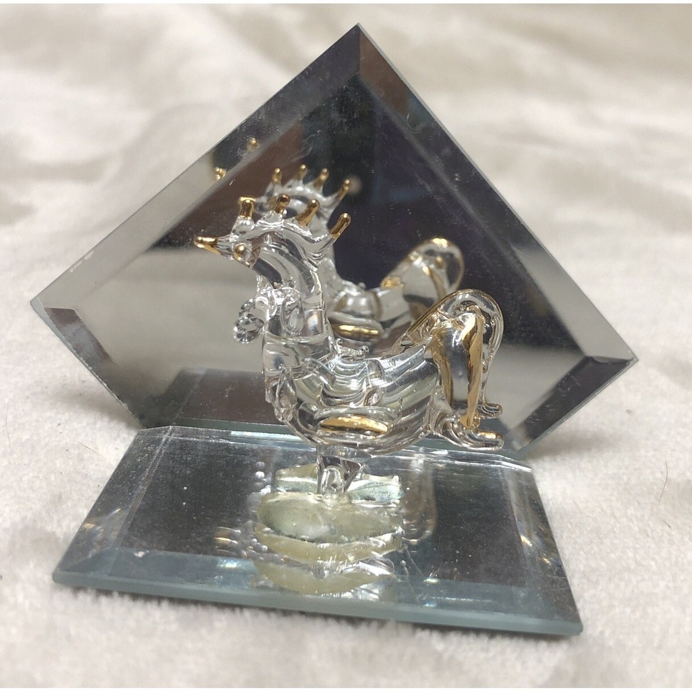 Glass‎ Animal With Mirror Rooster Mini Figure  Clear/Gold 1.5x3" NEW